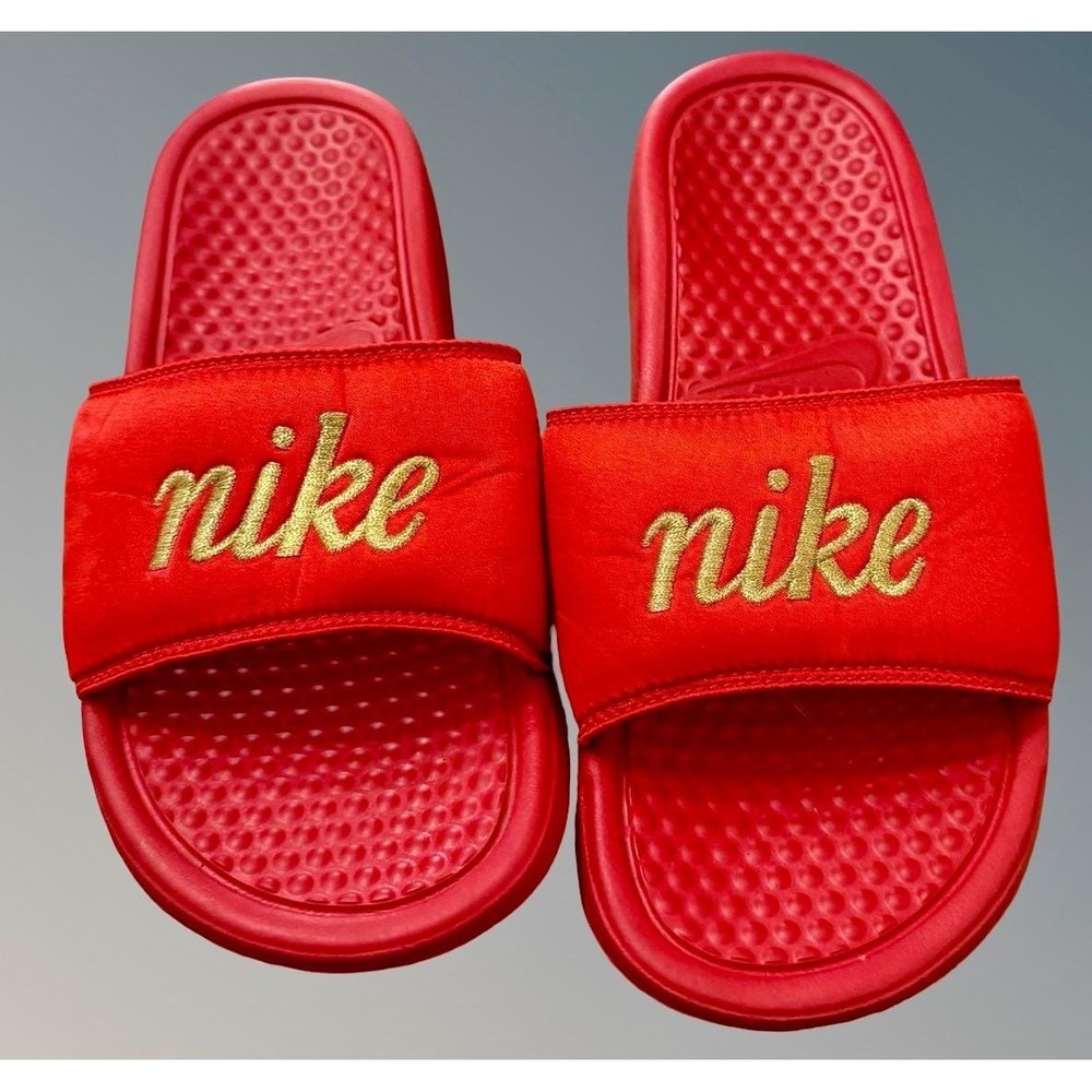 Nike Benassi Duo Ultra Slides Red Gold Embroidered AV0718-600 Women Size 5